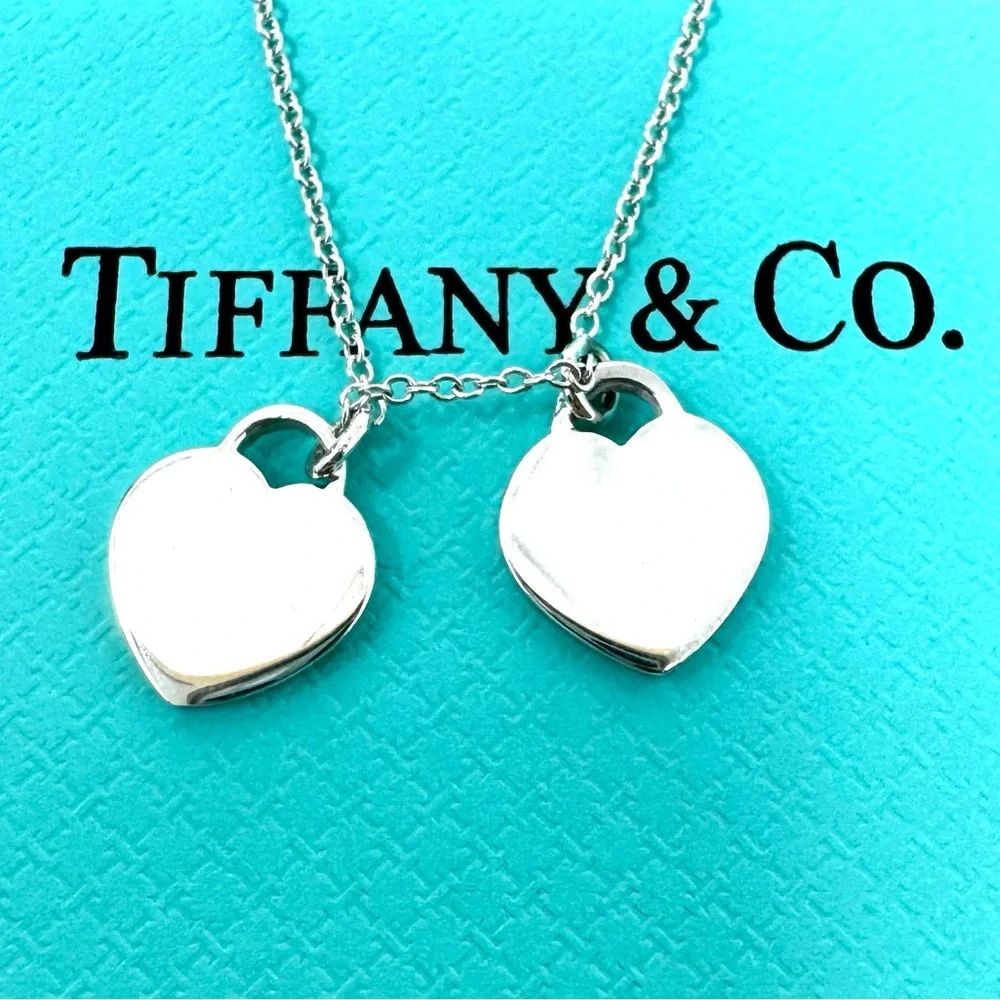 Authentic Tiffany & CO. Return To Enamel Blue Mini Double Heart Necklace. - Picture 6 of 14